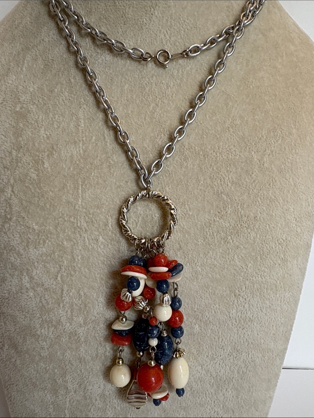 Silver Tone Tassel Necklace Red Blue Cream Beaded Pendant 30"